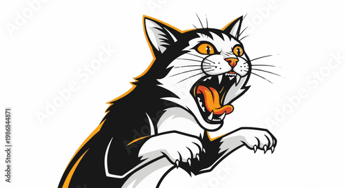Fierce black and white cat with orange eyes roaring aggressively