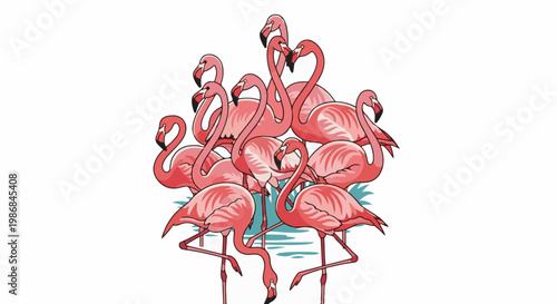 Flamboyant flock of pink flamingos clustered together in water