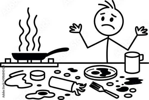 Man standing in kitchen with messy table and dirty dishes and utensils around
