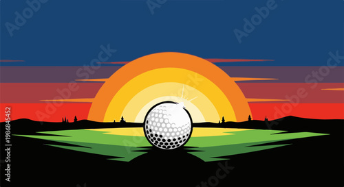 Golf ball on green grass at sunset