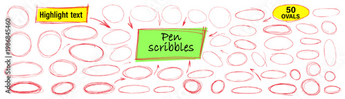 Hand drawn red pen collection showing round circle underline marks and strokes. Bundle of highlight text scribble oval and arrow lines. Vector set kit of doodle ellipse icon