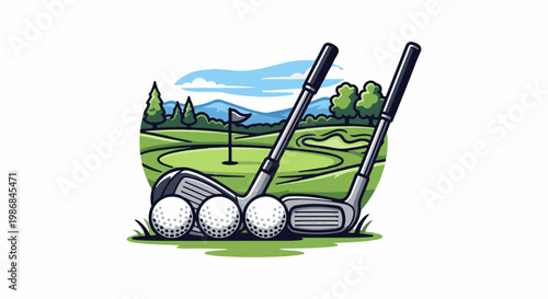 Golf clubs and balls on a course with rolling hills and trees