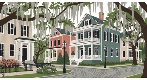 Historic residential street with pastel houses and Spanish moss-draped trees