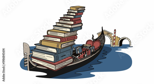 Gondola boat filled with books, sailing past a bridge