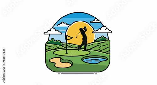Golfer swings on a sunny course with water hazard and sand trap