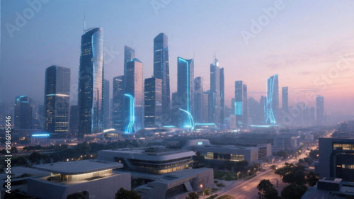 A futuristic cityscape at dusk with sleek skyscrapers and modern architecture illuminated by blue lights