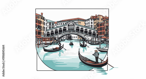 Gondolas navigate a picturesque canal beneath an arched stone bridge and colorful buildings