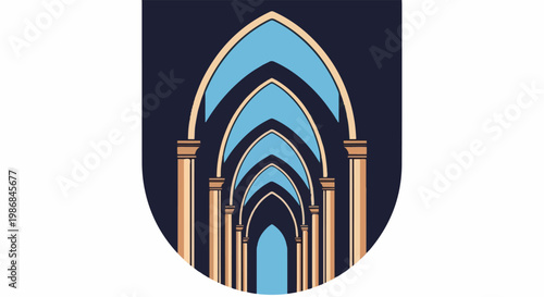 Gothic arched hallway leading to a bright blue exit