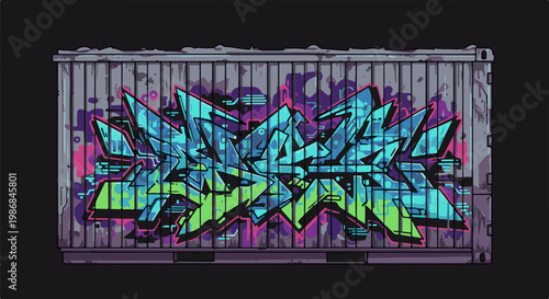 Graffiti art adorns a metal shipping container with vibrant colors on a dark background