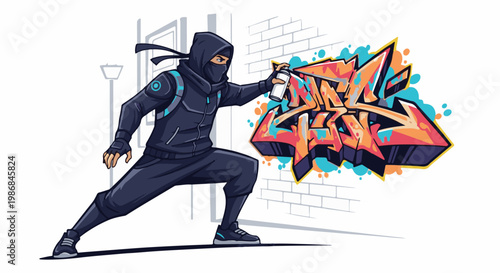 Graffiti artist in dark attire, spray painting vibrant text on a brick wall