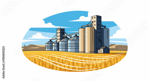 Grain elevator facility stands tall amidst a golden wheat field under a blue sky