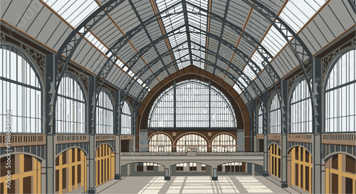 Grand arched interior with glass roof and ornate metalwork