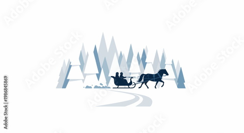 Horse-drawn sleigh glides through a snowy forest with abstract trees
