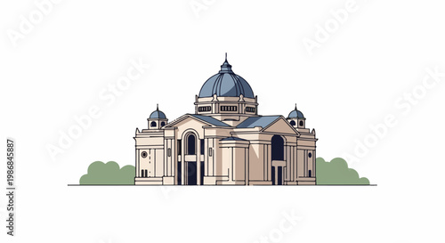 Grand domed building with classical architectural features and surrounding greenery