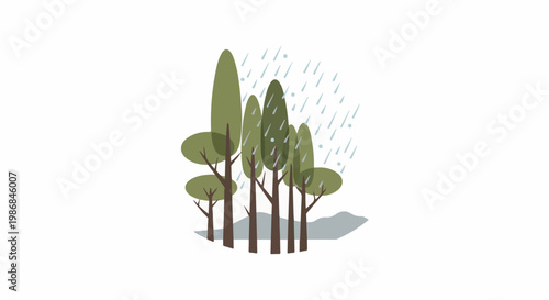 Flat illustration of green trees in the rain with a gray mountain