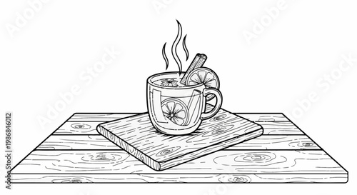 Hot beverage in glass mug with citrus slices and cinnamon stick