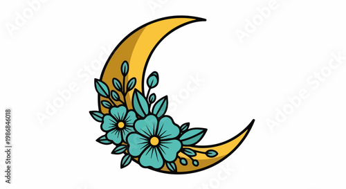 Golden crescent moon adorned with delicate turquoise flowers and leaves