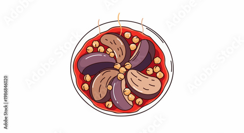 Flat illustration of sliced eggplant and chickpeas in red sauce