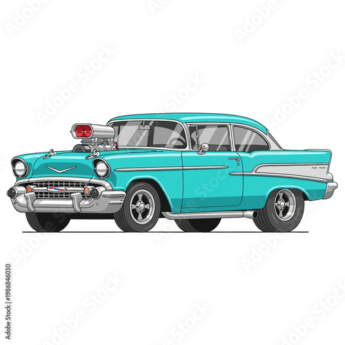 Vintage Turquoise Hot Rod Car with Supercharger - Classic American Automobile