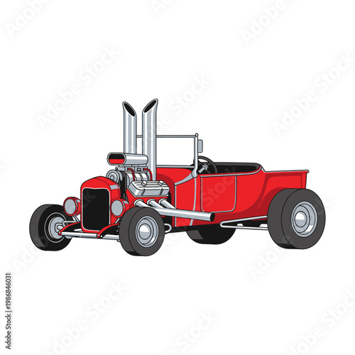 Vintage Red Hot Rod Roadster with Large Engine and Stacks