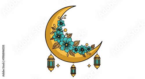 Golden crescent moon adorned with teal flowers and hanging lanterns