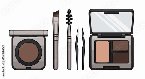 Flat design of eyebrow makeup tools and compacts on white