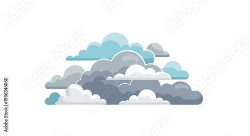 Flat style cartoon clouds in various shades of grey and blue