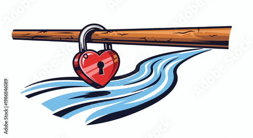 Heart padlock secures a wooden beam over flowing water