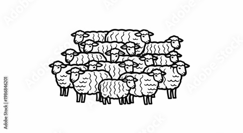 Flock of cartoon sheep stacked in a playful, monochromatic pile