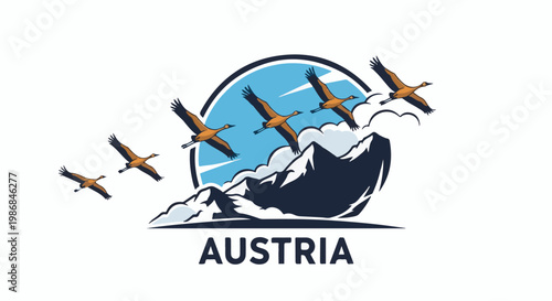Flock of cranes flies over majestic mountains under a blue sky
