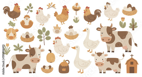 Charming Farm Animal Collection with Cows, Chickens, and Geese.