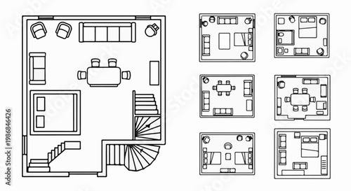 Floor plans of houses and rooms with furniture and stairs