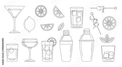 Cocktail Bar Essentials Collection Hand Drawn Line Art.