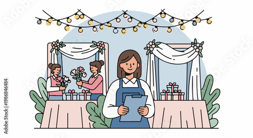 Floral shop workers arrange bouquets and gifts under festive string lights