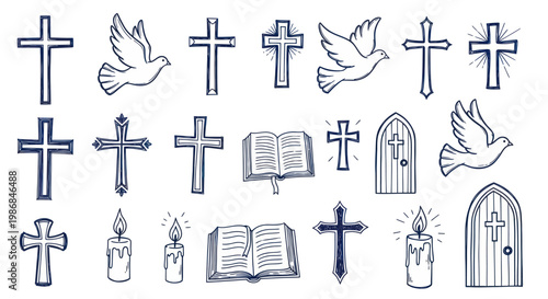 Christian Symbols Collection Crosses Doves Bibles Candles and Church Doors.