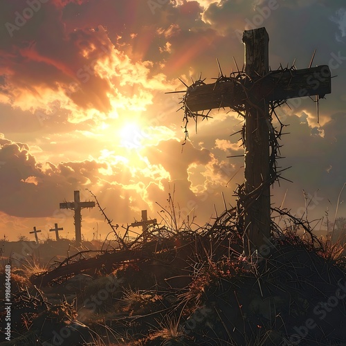 Crucifixes at sunset