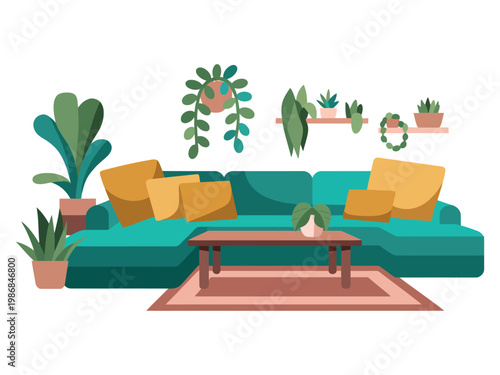 A modern living room with a teal sectional sofa, yellow pillows, and several potted plants on the floor and shelves