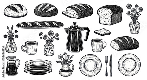 Collection of Baked Bread Products and Breakfast Items.