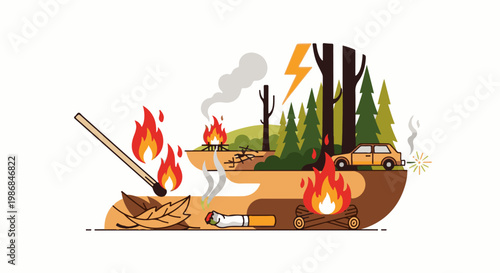 Forest fire illustration a match ignites dry leaves, a cigarette smolders, and a car emits sparks
