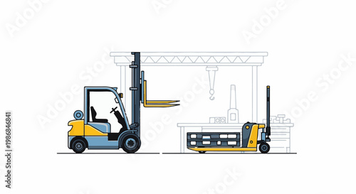 Forklift and pallet jack in an industrial warehouse setting with outlined structures