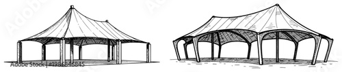 Tensile structure pavilions and outdoor shade canopy icons in vintage engraving style