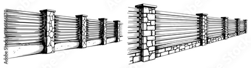 Stone pillar and wood panel garden fence in vintage engraving style