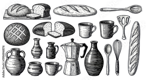 Collection of Baked Goods and Kitchenware in Vintage Sketch Style.