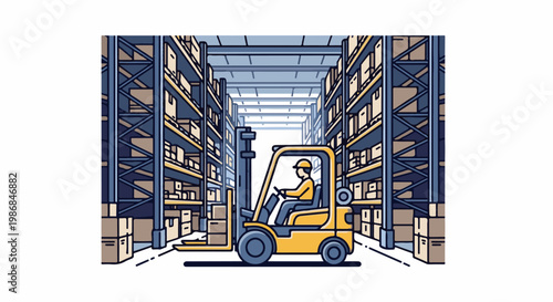 Forklift driver works in warehouse full of boxes