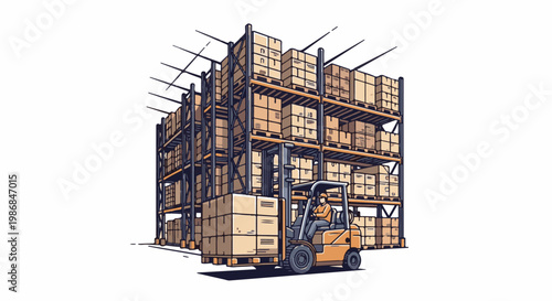 Forklift operating in a warehouse storing many stacked boxes on tall shelves
