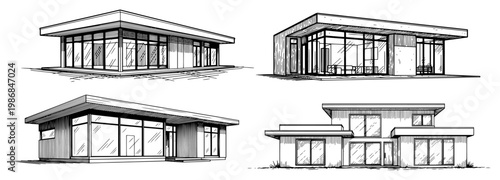 Modern minimalist glass house architectural sketches and contemporary villa designs in vintage engraving style