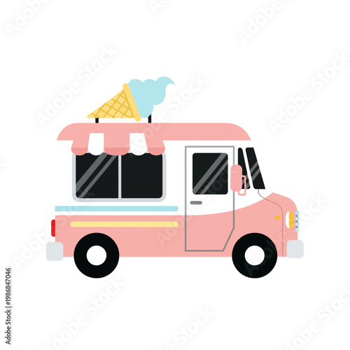 Cute Pink Ice Cream Truck with Cone on Roof, Summer Treat Vehicle