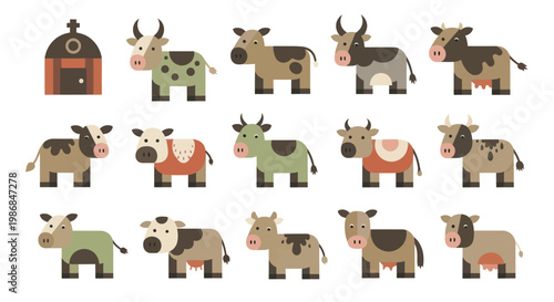 Collection of cartoon cows in various colors and poses.