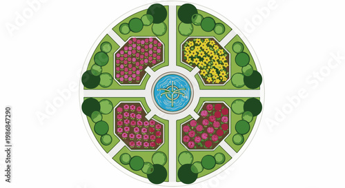 Formal garden layout with a central fountain and four flower beds