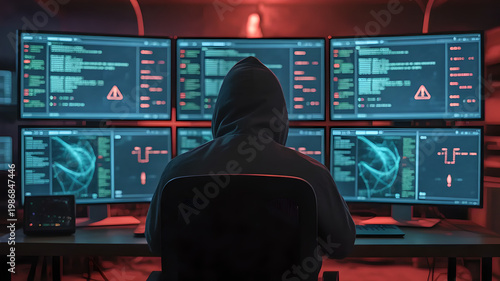 Anonymous Hacker in Hoodie Working with Multiple Screens in Dark Room, Cybercrime and Data Breach Concept with Red Warning Light